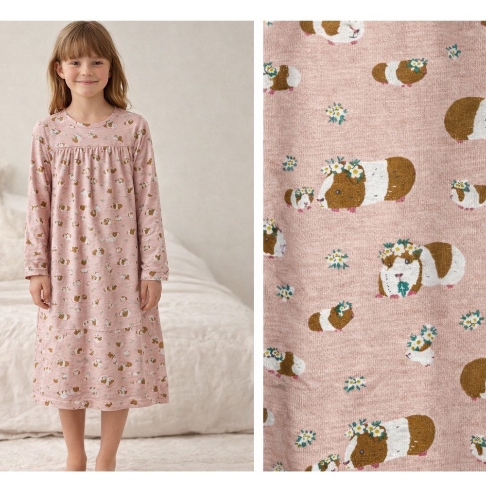 Mini Boden Guinea Pig Nightgown Girls Size 9-10 Pink Sleepwear Whimsical Lounge